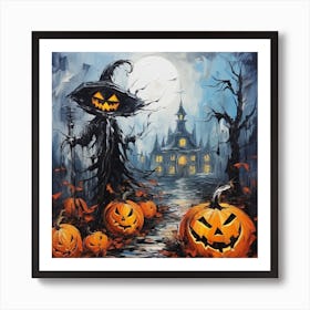 Halloween Witch And Pumpkins Art Print