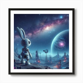 A modern robotic rabbit standing on a planet looking for a galaxy Art Print