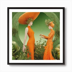 Two Women In Orange Dresses Art Print