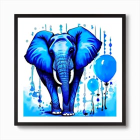 Blue Elephant With Balloons Art Print