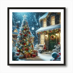 Christmas House At Night Art Print