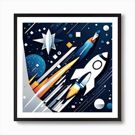 Space Background, Rocket wall art, Children’s nursery illustration, Kids' room decor, Sci-fi adventure wall decor, playroom wall decal, minimalistic vector, dreamy gift Art Print