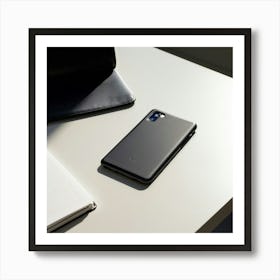 Leather Phone Case Rests On A White Table Paired With A Notebook And Ballpoint Pen In A Minimalist Art Print