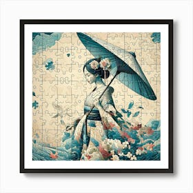 Abstract Puzzle Art Japanese girl with umbrella 3 Art Print