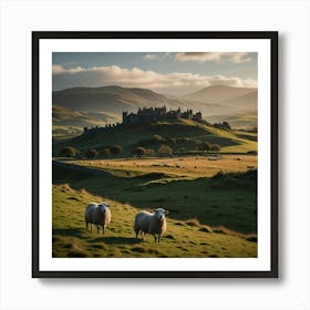 A Serene Highland Landscape With Rolling Hills, Grazing Sheep, And A Distant Castle 2 Art Print