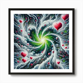 3 Dimensional Lightning With Multiple Green And White Swirls In A Vortex Of 3 Red Hearts Oil Painting 2 Art Print