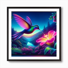 Color Hummingbird In High Definition In First Plane Sucking A Neon Flower Art Print