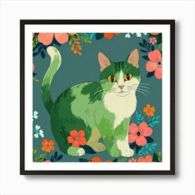 Green Cat With Flowers 4 Art Print