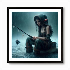 Elf Girl Fishing In The Rain Art Print