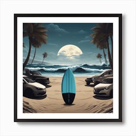 Surfers, Full Moon, Sandy Parking Lot, Surfboards, Palm Trees, Beach, Whitewater, Surfers, Waves, Oc Art Print