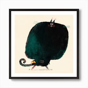 Black Walking Cat With Croissant Art Print