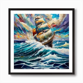 Seascape Ship On The High Seas Storm High Wav Art Print