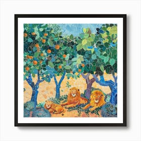 Lions Resting under Acacia Trees Series. Style of David Hockney 3 Art Print