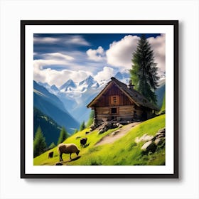 A Mountainous Landscape Of A Log Hut For A Shepherd With His Family And Expresses His Happiness Simp Art Print