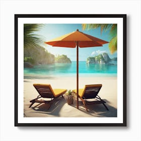 Two Lounge Chairs On The Beach Art Print