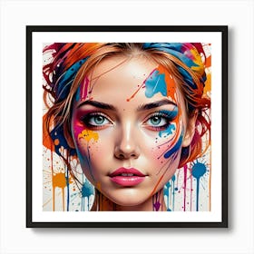 Colorful Girl With Paint Splatters Art Print