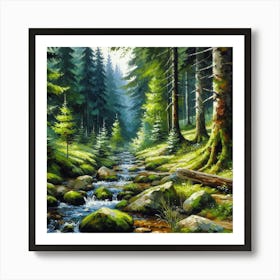 Stream In The Forest, Acrylic Painting Style 9 Art Print