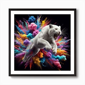 White Tiger Jumping In Colorful Powder Art Print