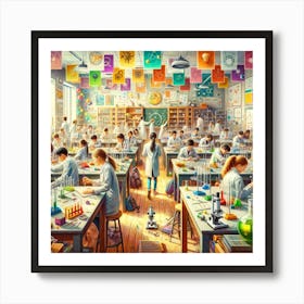 Science In Action Wall Print Art An Engaging Depiction Of Students Conducting Experiments, Perfect For Inspiring Curiosity And A Love For Science In Any School Setting Art Print