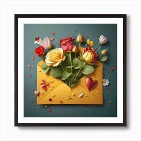 An open red and yellow letter envelope with flowers inside and little hearts outside 12 Art Print