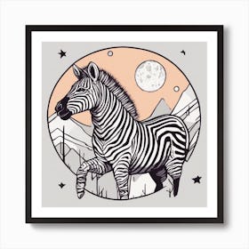 Sticker Art Design, Zebra Howling To A Full Moon, Kawaii Illustration, White Background, Flat Colors (3) 1 Art Print