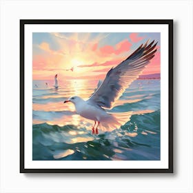 Seagull Soaring Near The Pale Blue Sea Capturing The Essence Of A Hot Sunny Day Through Pastels Art Print