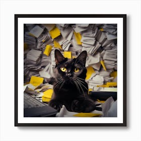 Black Cat In A Pile Of Papers Art Print