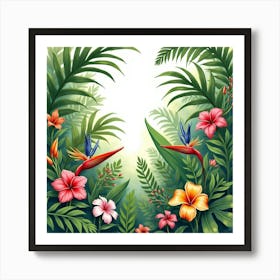 Lush Tropical Garden In Watercolor, With Exotic Flowers And Greenery Art Print