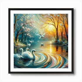 Ripple Pour Wet Acrylic Paint: Spring Dream Impasto Trees with Thick Raised Texture, Swans in the Lake - Highly Detailed, Crisp Clear Sharp Focus. Swan Painting Art Print