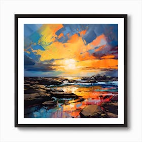 Abstract Colorful Rocky Lagoon Sunset Art Print