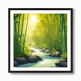 A Stream In A Bamboo Forest At Sun Rise Square Composition 20 Art Print