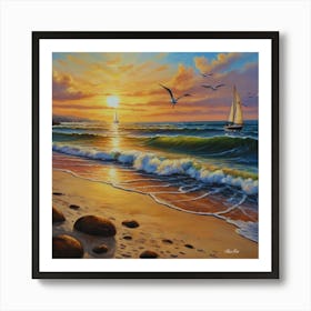 Oil painting design on canvas. Sandy beach rocks. Waves. Sailboat. Seagulls. The sun before sunset.5 Art Print