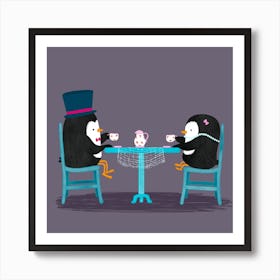 Couple Of Penguins Drinking Tea Art Print