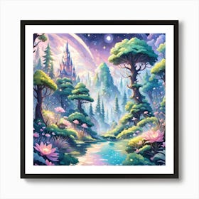 A Fantasy Forest With Twinkling Stars In Pastel Tone Square Composition 27 Art Print