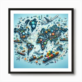 World Map With Shipping Icons Art Print