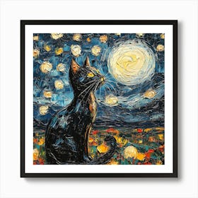 Black Cat Starry Night Poster