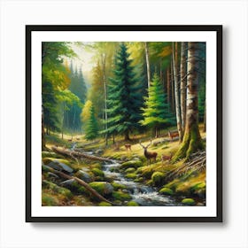 Deer In The Forest, Acrylic Painting Style 8 Art Print