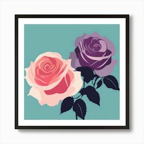 Two Roses, Coral and Purple on Turquoise Background Art Print