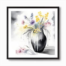 Watercolor Flowers In A Vase Monochromatic 6 Art Print