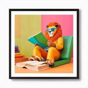 Retro Lion Reading A Book Art Print