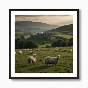 A Serene Highland Landscape With Rolling Hills, Grazing Sheep, And A Distant Castle Art Print