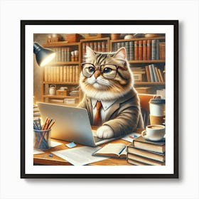 Office Cat Wall Print Art A Humorous Depiction Of A Cat As An Office Worker, Perfect For Blending A Love Of Cats And Work Life In Any Space Art Print