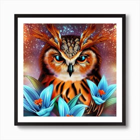 Owl With Blue Flowers 1 Art Print