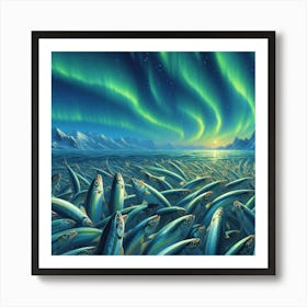 Sardines Dancing Under The Northern Lights In The Arctic Ocean, Style Realistic Oil Painting Art Print