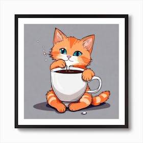 Cute Orange Kitten Loves Coffee Square Composition 45 Art Print