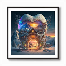 , a house in the shape of giant teeth made of crystal with neon lights and various flowers 2 Art Print