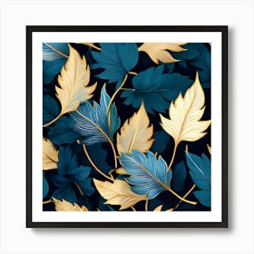 Gold And Blue Leaves Seamless Pattern Art Print