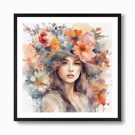 A Watercolor Detailed Painting Of Girl Featuring A Vintage Girl Beautiful Colourful Flowers On A Whi Art Print