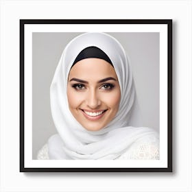 A Closeup Photo Portrait Of A Beautiful Young Arab Muslim Model Woman Wearing Hijab Headscarf And Smiling Art Print