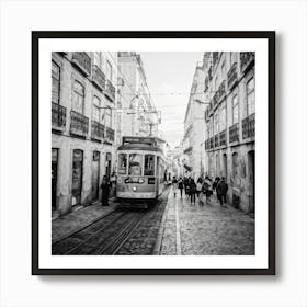 Black And White Photo Lisbons Vintage Tramway Weaving Through Narrow Historic City Streets Tram D (3) Affiche